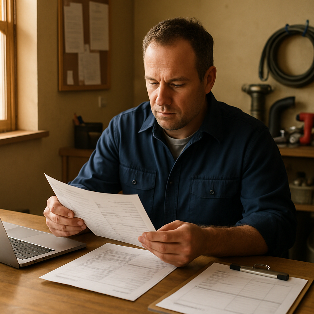 Small service business owner reviewing paperwork at a desk with tools nearby